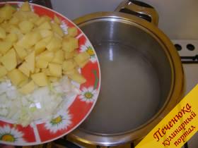 1) Картофель очистить и порезать на небольшие кусочки. Лук очистить и порезать кубиками. Все эти ингредиенты отправить в бульон. Рис промыть под проточной водой и также отправить в кастрюлю.