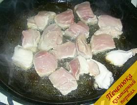 1) Сначала займемся приготовлением мяса для нашего жаркого. Мякоть свинины моем, нарезаем на порционные куски, обжариваем на растительном масле.