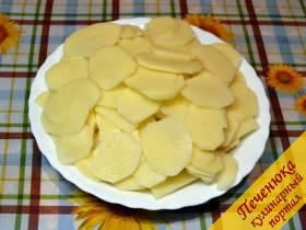 1) Очистить картошку и нарезать очень тонко поперек клубня пластинками не толще 2-3 мм.