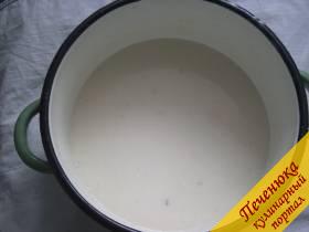 1) Вначале замешиваем жидкое тесто на молоке. В молоко добавляем соль, сахар, размешиваем. Яйца и половину молока добавляем в муку и хорошо вымешиваем до исчезновения комочков. Затем постепенно вливаем остальное молоко и замешиваем жидкое тесто.