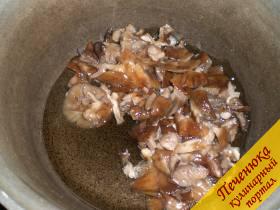 3) В чугунную кастрюльку налить растительное масло, хорошо его разогреть. В кипящее масло бросить грибы, накрыть крышкой и потушить 10 минут, после добавить сюда лук и, перемешав его с грибами, немного потомить, посолить.