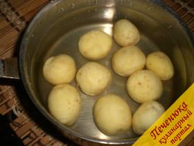 1) Молодую картошку почистить и залить подсоленной холодной водой. Оставить на некоторое время, чтобы картофель напитался солью.