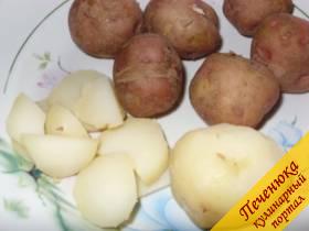 2) Молодой картофель небольшого размера вымыть и отварить в мундире в подсоленной воде до готовности.  Картофель очистить от кожуры и нарезать  пластинами толщиной  до 5 мм.