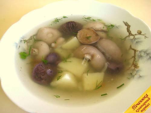 6) Грибной суп разлить по тарелкам, приправить сливочным маслом и зеленью по вкусу.