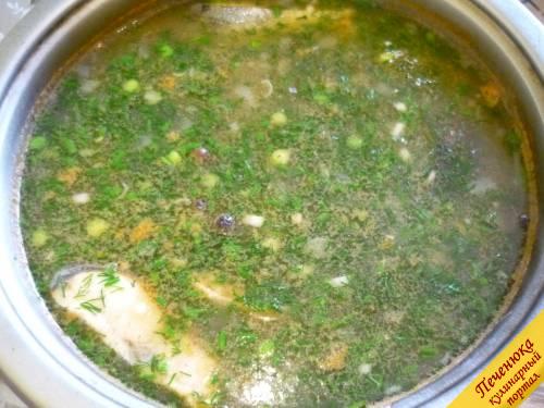 7) Рыбный суп из горбуши готов! Разливаем его по тарелкам, посыпаем дополнительной порцией свежей зелени. Вкусно и полезно! 