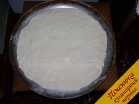 6) Раскатать тесто скалкой до 3-6 мм, выложить на сковородку (противень).