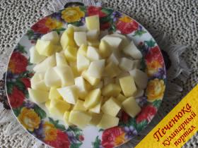 6) Нарежем ее небольшими кубиками. Добавим в бульон, посолим. Капуста и картошка для щей готовятся отдельно, так как в кислой среде картошка может остаться сырой.