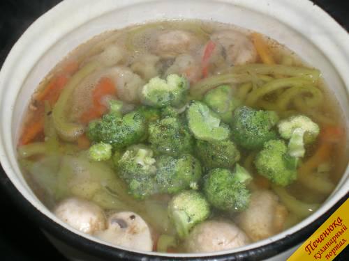 3) Основные ингредиенты подготовлены, приступаем к варке японского супа с овощами и вакааме. Еще раз напомню, что каждый ингредиент добавляется в бульон в строгой очередности и ровно через минуту варки после добавления последнего. Сначала в кипящую воду кладем сладкий перец, потом грибы, далее цветную капусту и завершает шеренгу брокколи. После добавления последнего овоща обязательно добавить совсем немножко лимонной кислоты (буквально несколько гранул) и варим на среднем огне минуты 3.